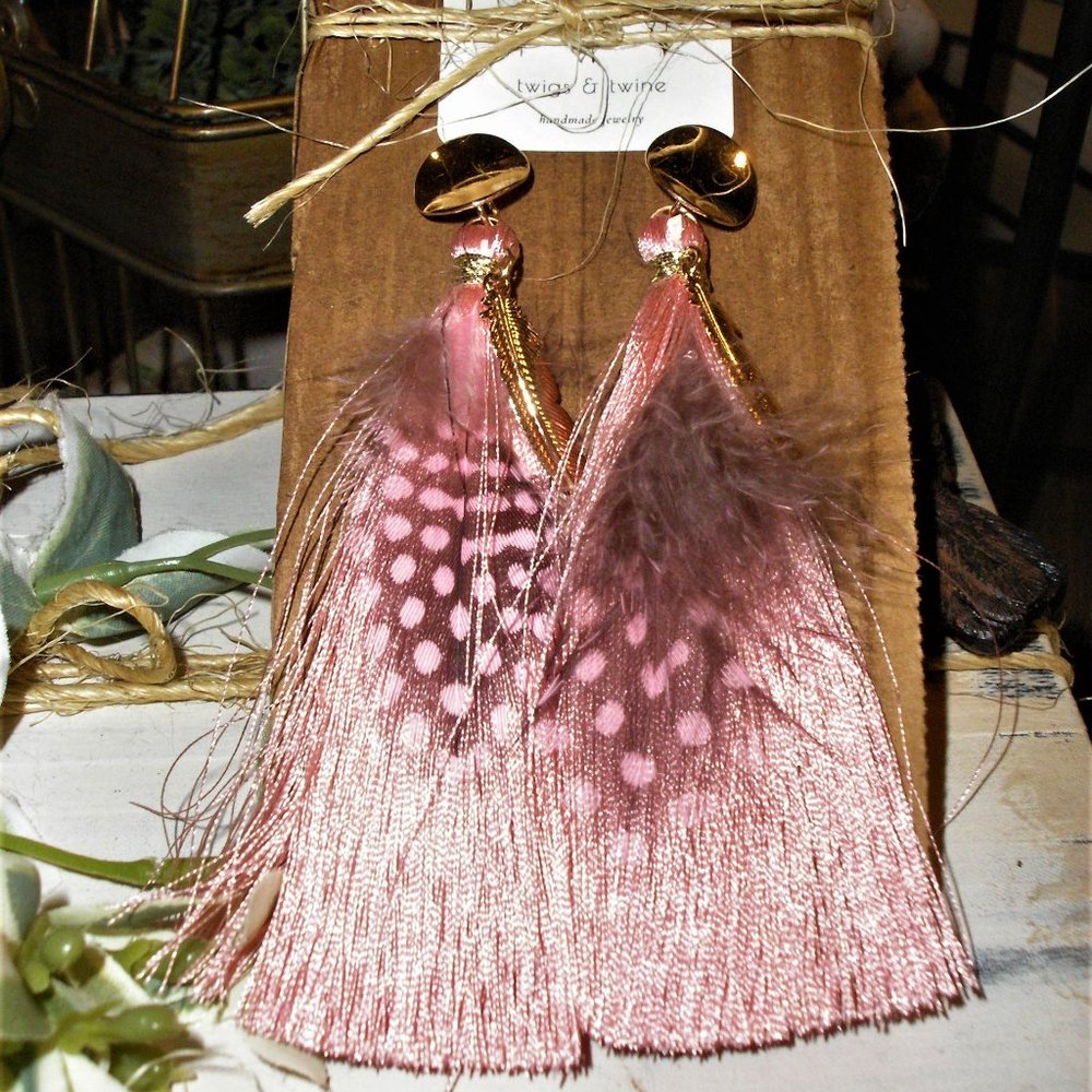 Pink Feather and Tassel Earrings
